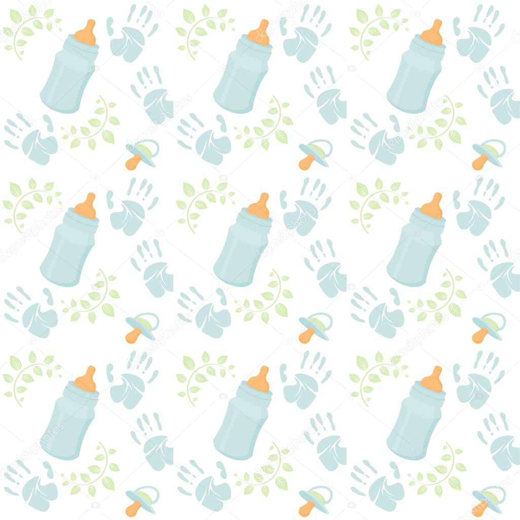 Cute baby boy seamless pattern for textile, print, greeting cards, wrapping paper, wallpaper. Raster illustration blue color nipple, handprint, bottle