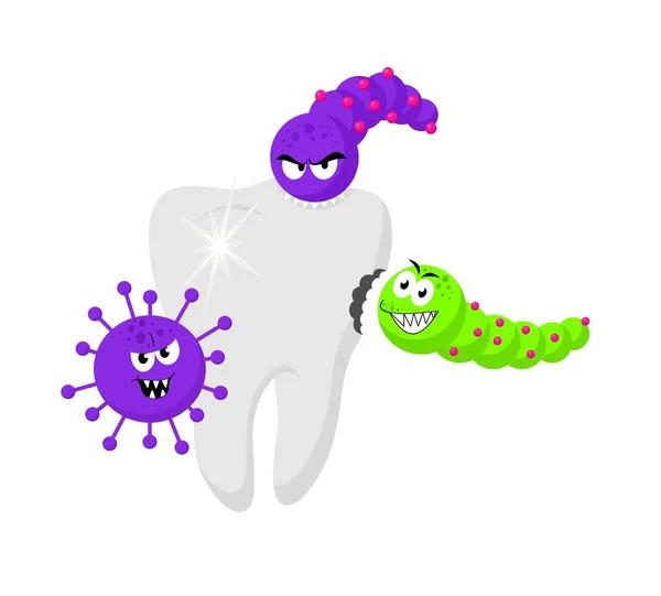 Bacterias y virus alrededor de los dientes. Estomatología. Medicina dental. Concepto médico higiénico. Ilustración vectorial sobre fondo blanco — Archivo Imágenes Vectoriales