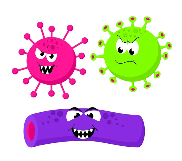 怒っている面白いバクテリア、白い背景で隔離の漫画スタイルで細菌のセットです。面白い漫画のキャラクター。悪い細菌. — ストックベクタ