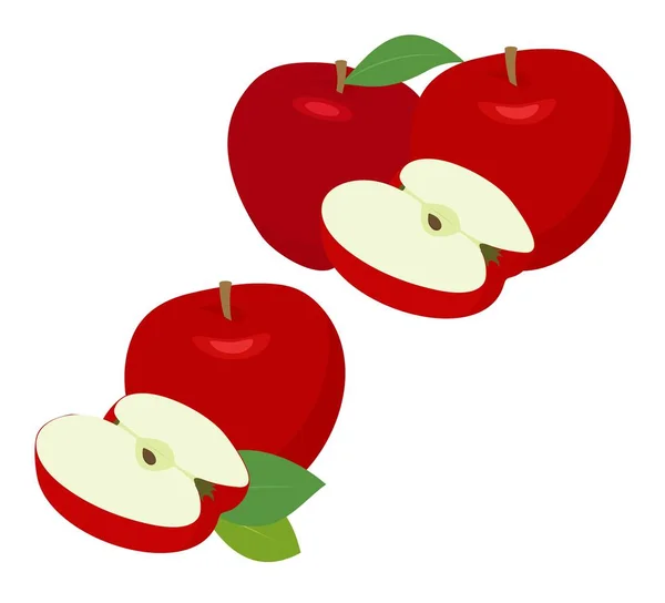 Moget rött äpple frukt med apple hälften och apple leaf isolerad på vit bakgrund. Äpplen och blad med vektorillustration — Stock vektor