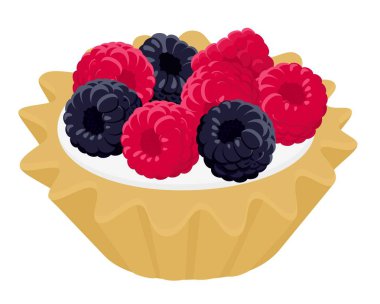 Tatlı kek tartı krem, ahududu ve böğürtlen. Beyaz ahşap arka plan üzerinde izole vektör çizim