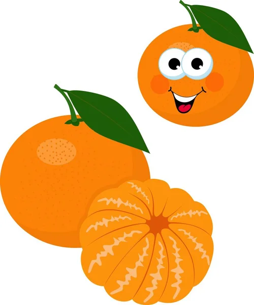 Mandarijn, tangerine, clementine met bladeren geïsoleerd op een witte achtergrond. Grappige cartoon karakter. Raster illustratie op witte achtergrond — Stockfoto