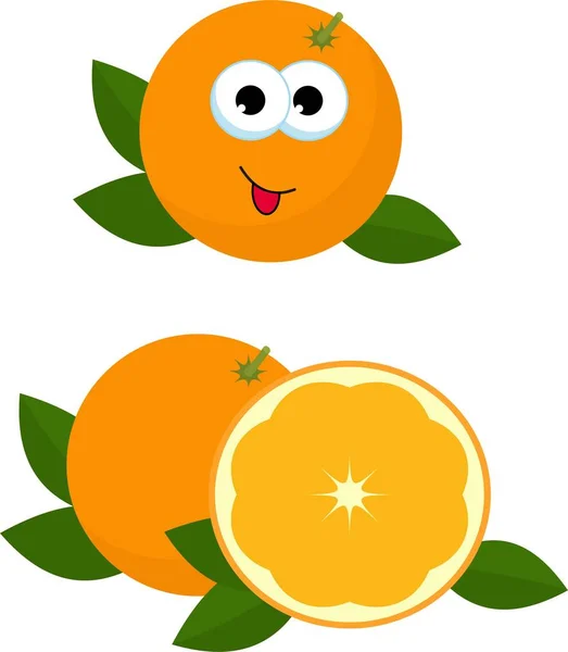 สีส้มทั้งชิ้นและชิ้นส่วนของส้มที่มีใบสีส้ม ตัวอย่างราสเตอร์ของส้ม ตัวการ์ตูนสีส้มน่ารักที่มีใบหน้า ตาและปากแยกจากพื้นหลังสีขาว — ภาพถ่ายสต็อก