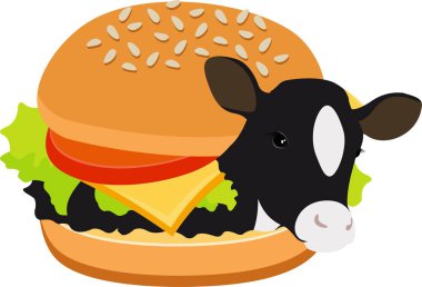 Sığır eti Burger Burger inek. Bir hamburger içinde inek. Vejetaryenlik, Vegan kavramı. Raster illüstrasyon izole beyaz arka plan üzerinde