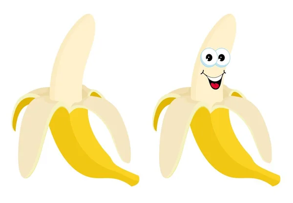 Napůl oloupaný banán. Otevřete banán vektorové ilustrace na bílém pozadí. Legrační karikatura charakter ilustrace. — Stockový vektor