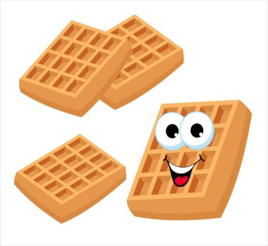 Belçika Waffle veya Viyana waffle. Sevimli çizgi lokanta şekerli tatlı Raster karakter üzerinde izole beyaz arka plan ayarlayın. İllüstrasyon