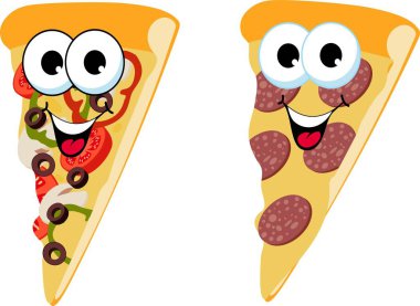 Dilim taze İtalyan klasik orijinal biberli Pizza ve mantarlı pizza beyaz arka plan üzerinde izole. Komik çizgi film karakteri. Raster illüstrasyon