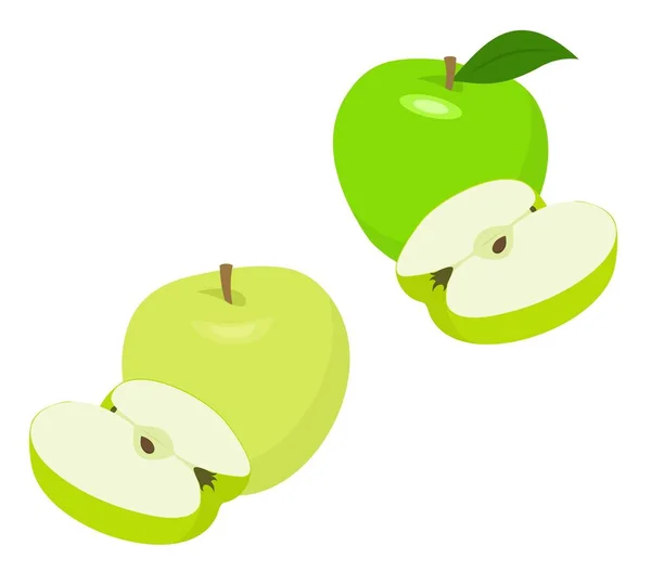 绿色苹果果与苹果一半和苹果叶子查出在白色背景 苹果和叶子与栅格例证集合 — 图库照片
