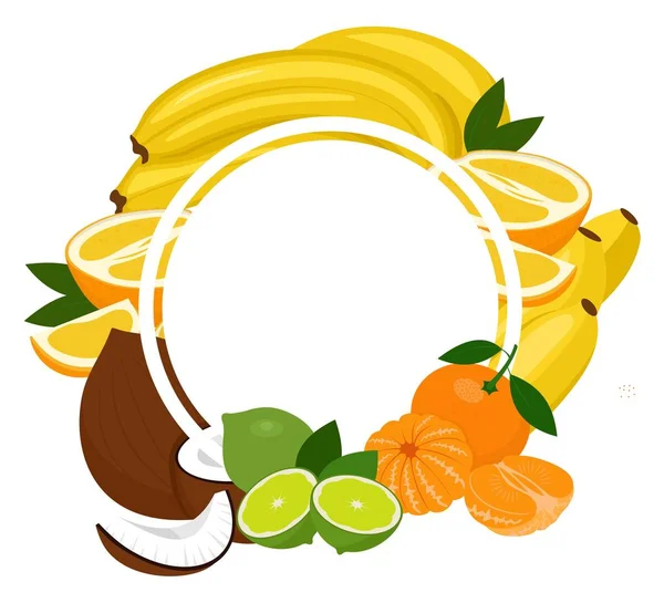 Φρούτων τροπικών φόντο πλαίσιο. Ανάμεικτα φρούτα που διοργανώνονται σε κύκλο με το λευκό φόντο, αντίγραφο χώρο για κείμενο στη μέση. Εικονογράφηση διάνυσμα — Διανυσματικό Αρχείο