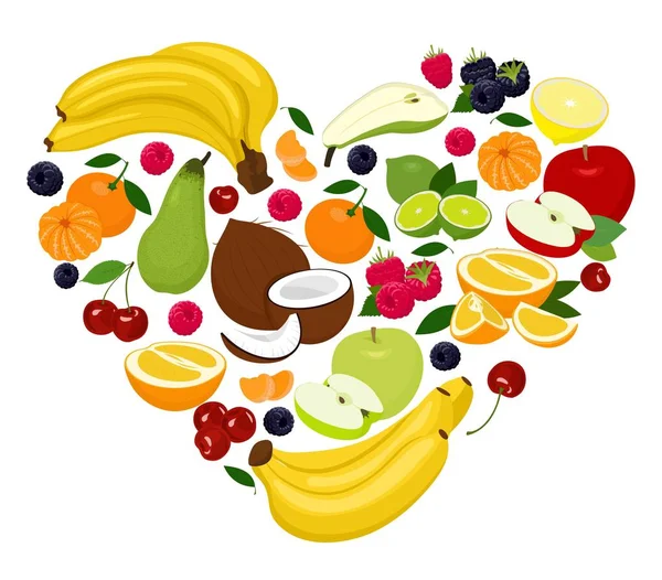 Bentuk hati dengan berbagai buah-buahan. Jantung kelapa, pir, kapur, raspberry, blackberry, apel, ceri, mandarin, pisang, jeruk, jeruk. Vektor - Stok Vektor