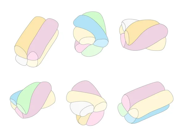 Guimauve. Ensemble de différents dessins animés de guimauve de couleur variée. Zephyr. Du dessert. Illustration vectorielle sur fond blanc — Image vectorielle