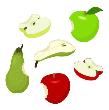 Bitteb elma ve armut. Set kırmızı, yeşil, yarı, dilimlenmiş, ısırıldı, elma ve armut. Beyaz arka plan üzerinde vektör çizim.