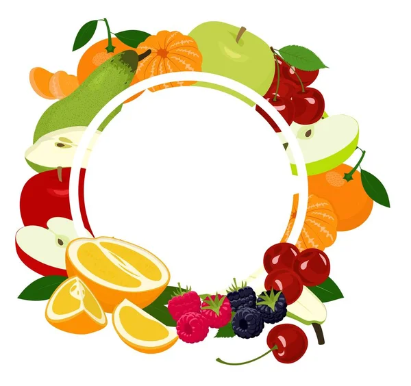 Bingkai latar belakang buah. Buah-buahan beraneka warna disusun dalam lingkaran di latar belakang putih, menyalin ruang untuk teks di tengah. Ilustrasi raster — Stok Foto