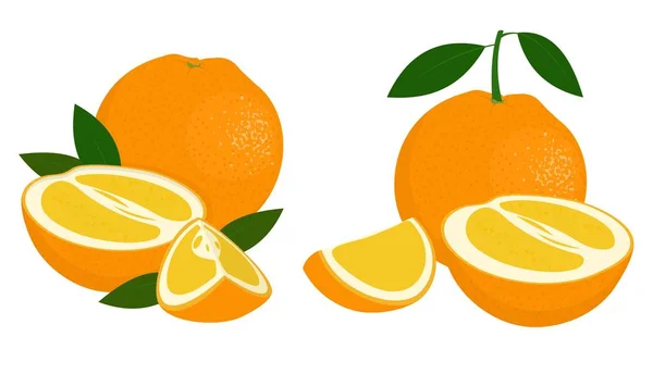 Naranja entero, mitad y rebanada de naranja con hojas sobre fondo blanco. Cítricos. Ilustración rasterizada de naranjas sobre fondo blanco . — Foto de Stock