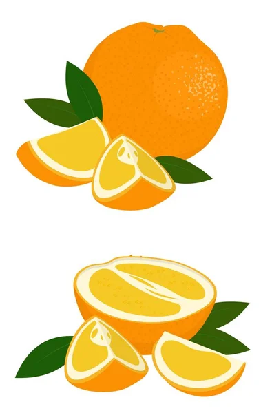 Arancione intero, metà e fetta di arancio con foglie su fondo bianco. Agrumi. Illustrazione raster di arance su sfondo bianco . — Foto Stock