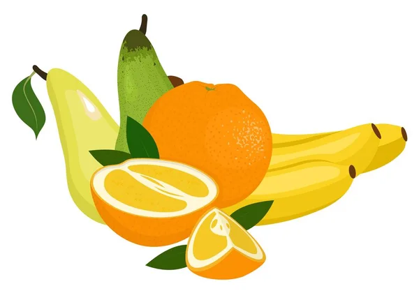 Πορτοκάλια, αχλάδι και μπανάνες. Απεικόνιση διανυσματικού πλαισίου σε λευκό φόντο — Διανυσματικό Αρχείο
