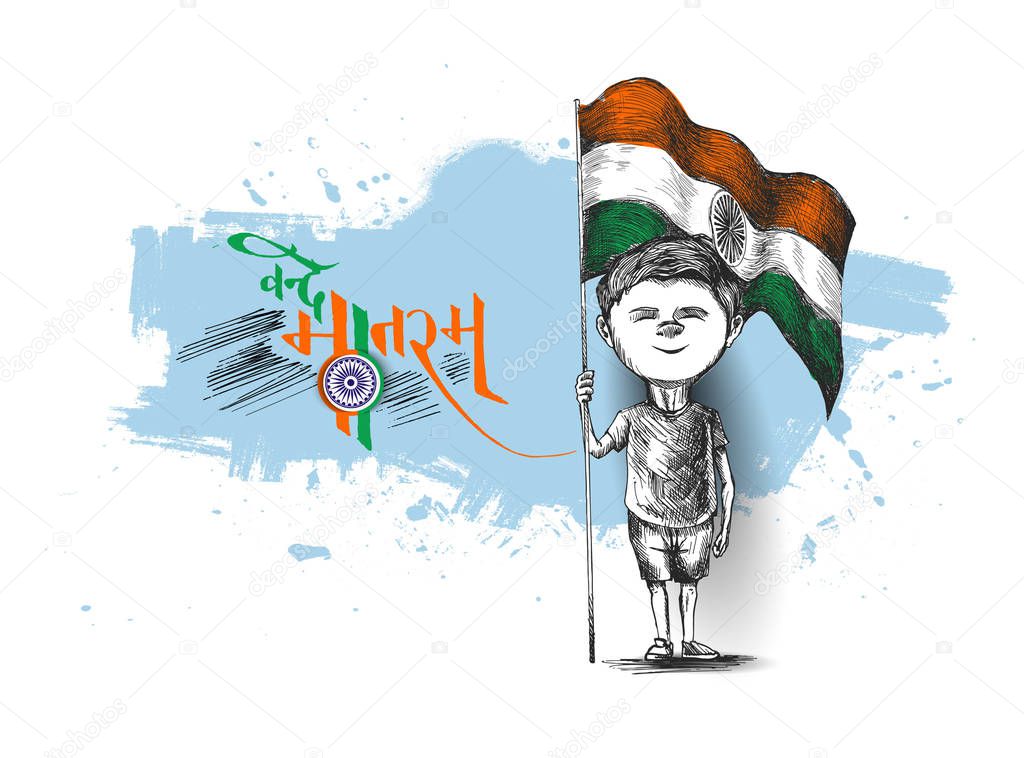 Beautiful typography of vande matram with boy hand holding indian flag isolated on white background