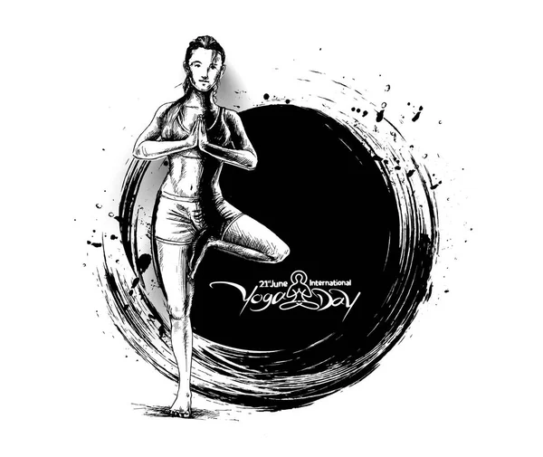 Femmes Pratiquant Pose Yoga Juin Journée Internationale Yoga Illustration Vectorielle — Image vectorielle