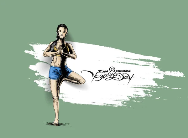 Haziran Uluslararası Yoga Gün Vektör Çizim Pratik Yoga Kadınlar Teşkil — Stok Vektör