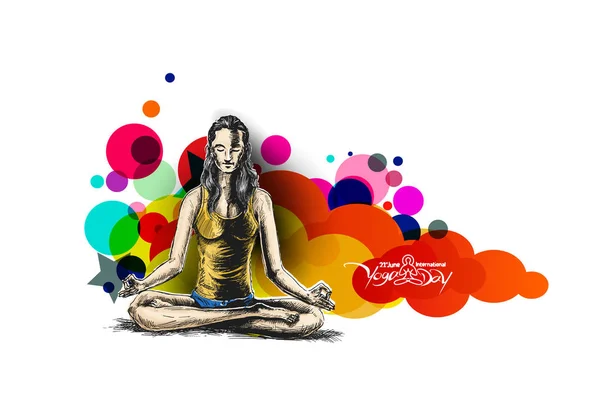 Femmes Pratiquant Pose Yoga Juin Journée Internationale Yoga Illustration Vectorielle — Image vectorielle