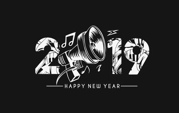 Happy New Year 2019 Text Music Element Design Patter Vector — Stock Vector