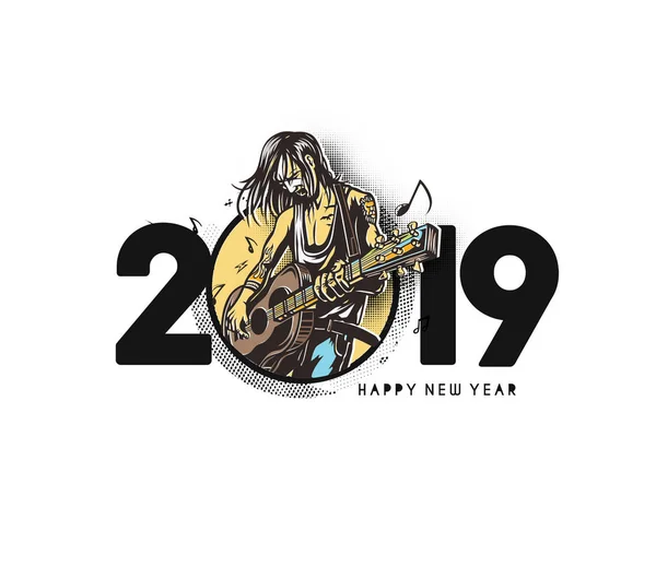 Gott Nytt 2019 Text Kvinnor Gitarrister Spela Gitarr Design Vektorillustration — Stock vektor