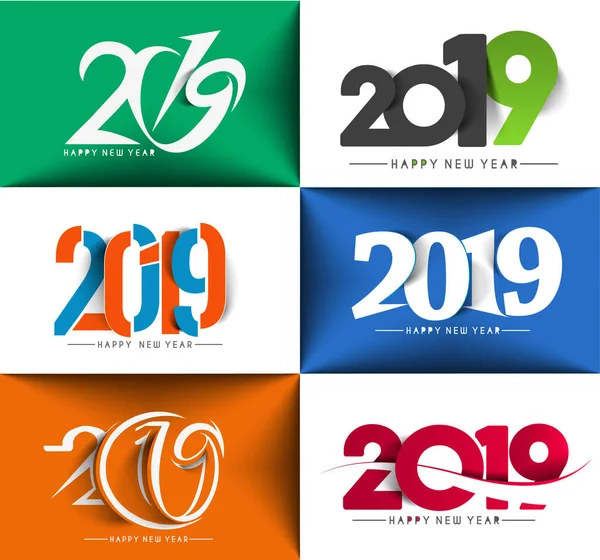 Set Happy New Year 2019 Text Design Patter Vector Illustration - Stok Vektor