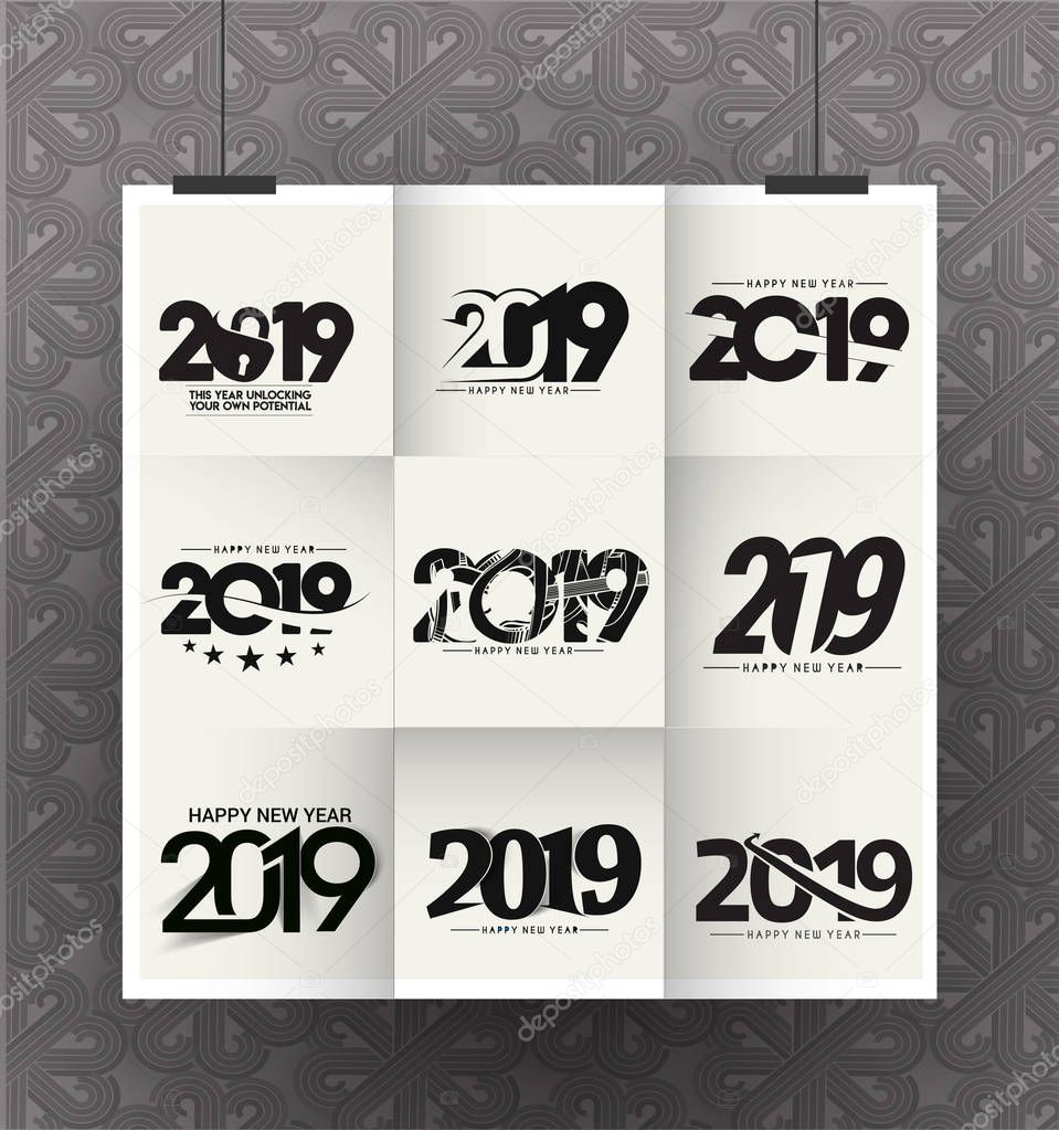 Set of Happy New Year 2019 Text Design Patter, Vector illustration.