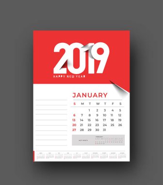 Mutlu yeni yıl 2019 Takvim - yeni yıl tatili tasarım öğeleri için tatil kartları, süslemeleri, vektör çizim arka plan için Takvim afiş poster.