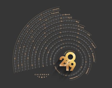 Mutlu yeni yıl 2019 Takvim - yeni yıl tatili tasarım öğeleri için tatil kartları, süslemeleri, vektör çizim arka plan için Takvim afiş poster.