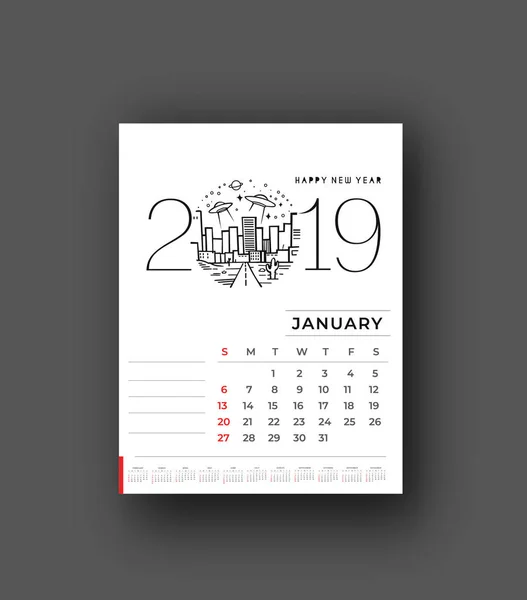 Felice Anno Nuovo 2019 Calendario Capodanno Elementi Design Vacanze Biglietti — Vettoriale Stock