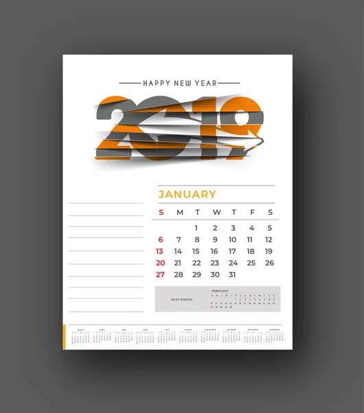 Felice Anno Nuovo 2019 Calendario Capodanno Elementi Design Vacanze Biglietti — Vettoriale Stock