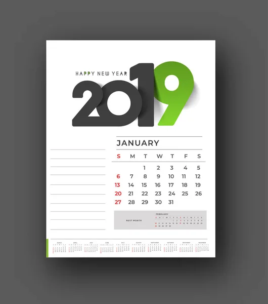 Feliz Año Nuevo 2019 Calendario Año Nuevo Elementos Diseño Vacaciones — Vector de stock