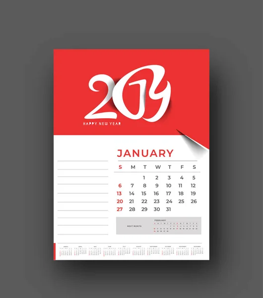 Szczęśliwego Nowego Roku 2019 Kalendarz Nowy Rok Wakacje Elementów Projektu — Wektor stockowy