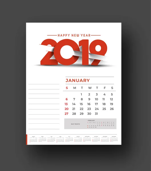 Gelukkig Nieuwjaar 2019 Kalender Nieuwjaars Vakantie Ontwerpelementen Voor Vakantie Kaarten — Stockvector