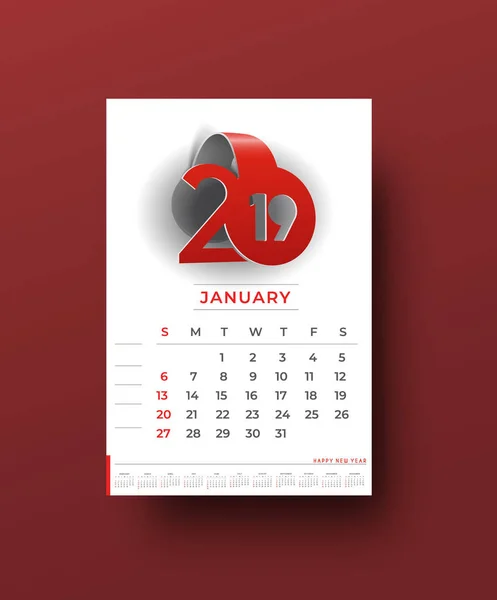 Feliz Año Nuevo 2019 Calendario Año Nuevo Elementos Diseño Vacaciones — Archivo Imágenes Vectoriales