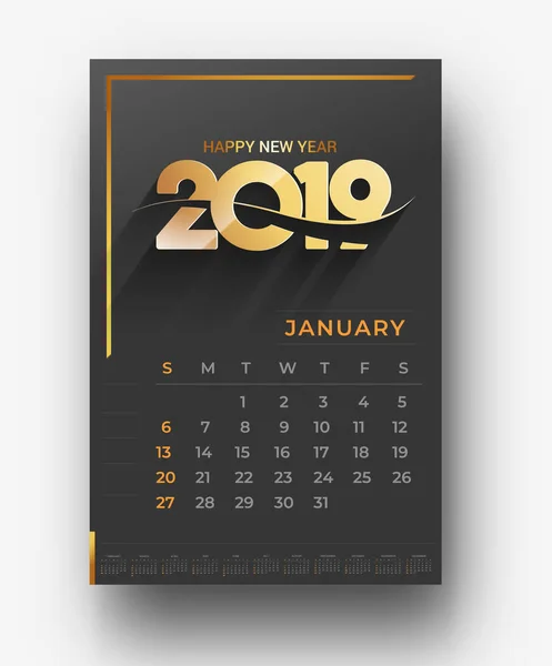 Gelukkig Nieuwjaar 2019 Kalender Nieuwjaars Vakantie Ontwerpelementen Voor Vakantie Kaarten — Stockvector