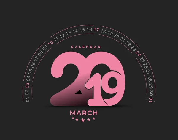 Feliz Año Nuevo 2019 Calendario Marzo Año Nuevo Elementos Diseño — Archivo Imágenes Vectoriales
