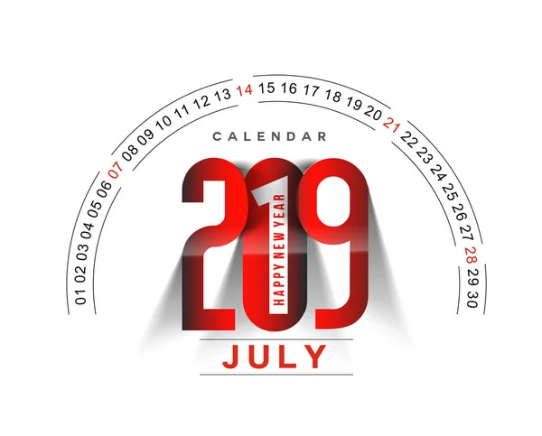 Mutlu Yeni Yıl 2019 Temmuz Takvim Yeni Yıl Tatili Tasarım — Stok Vektör