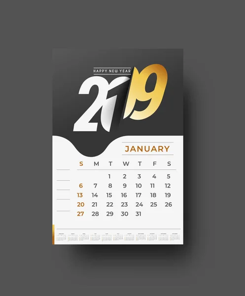 Felice Anno Nuovo 2019 Calendario Capodanno Elementi Design Vacanze Biglietti — Vettoriale Stock