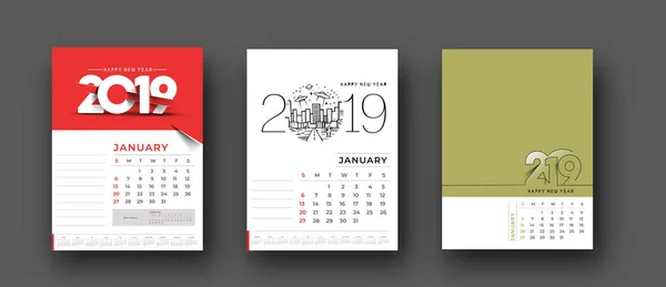 Feliz Año Nuevo 2019 Calendario Año Nuevo Elementos Diseño Vacaciones — Vector de stock