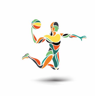 İzole, siluet vektör çizim dunking atlama basketbolcu.