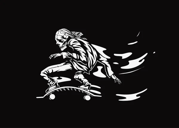 Kühler Langhaarschädel Mit Skateboard Handgezeichnete Vektorillustration — Stockvektor