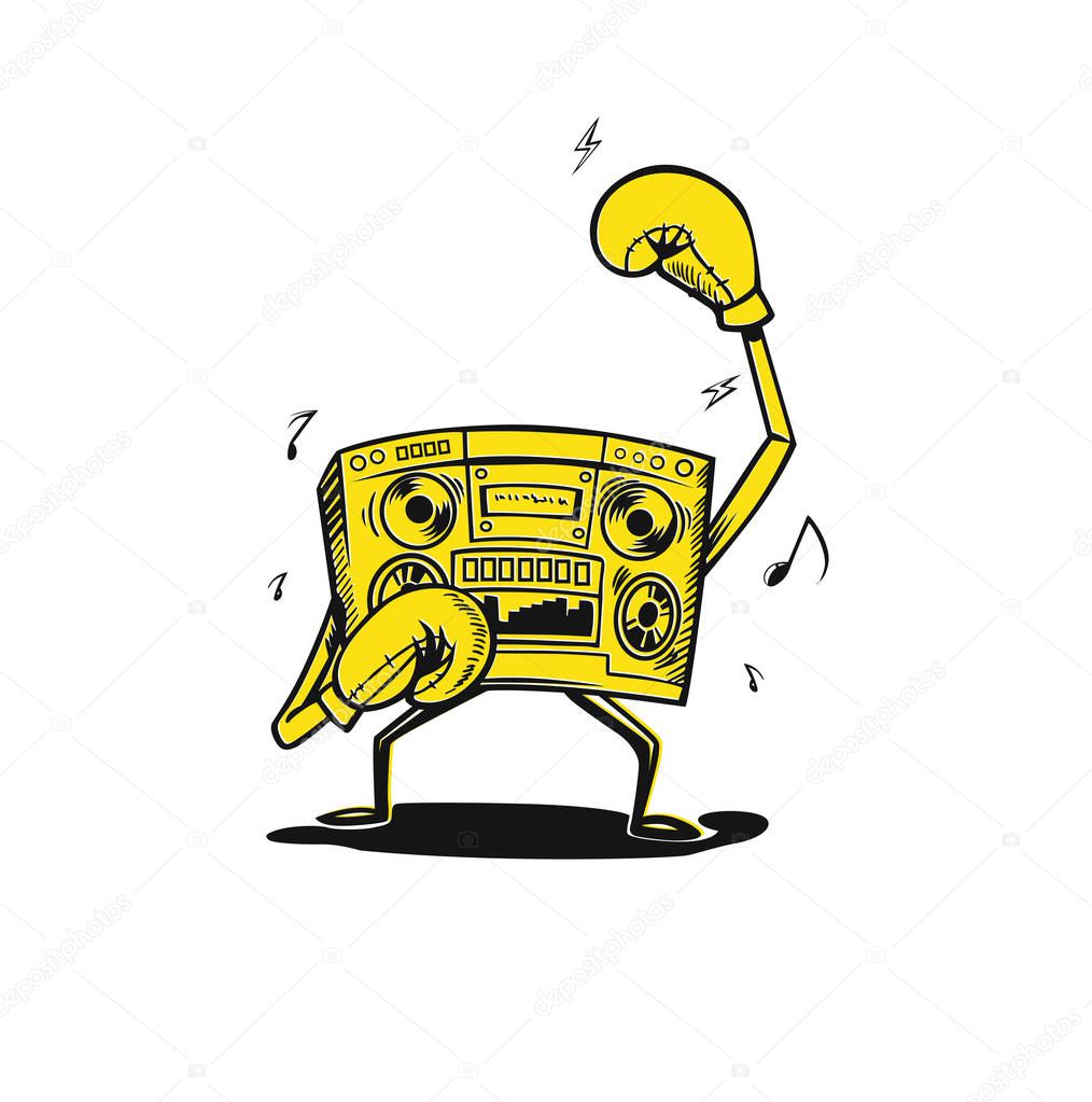 Radio music box wearing boxing gloves fighting, concept of the competition of music.