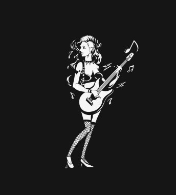 Genç kız gitar çalmak. Köpek havlıyor. vektör çizim.