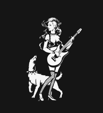 Genç kız gitar çalmak. Köpek havlıyor. vektör çizim.