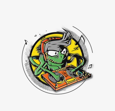 Canavar dj sakal turntable müzik karıştırma. Striker vektör çizim.