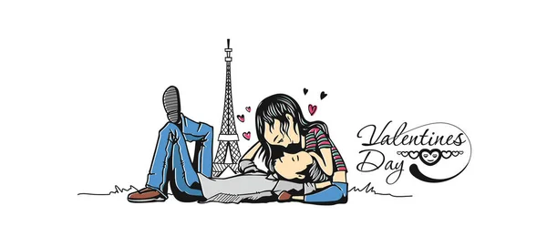 Amantes Románticos Para Día San Valentín Dibujos Animados Dibujado Mano — Vector de stock