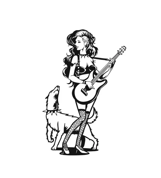 Девушка Подросток Играет Гитаре Лающая Собака Векторная Иллюстрация — стоковый вектор