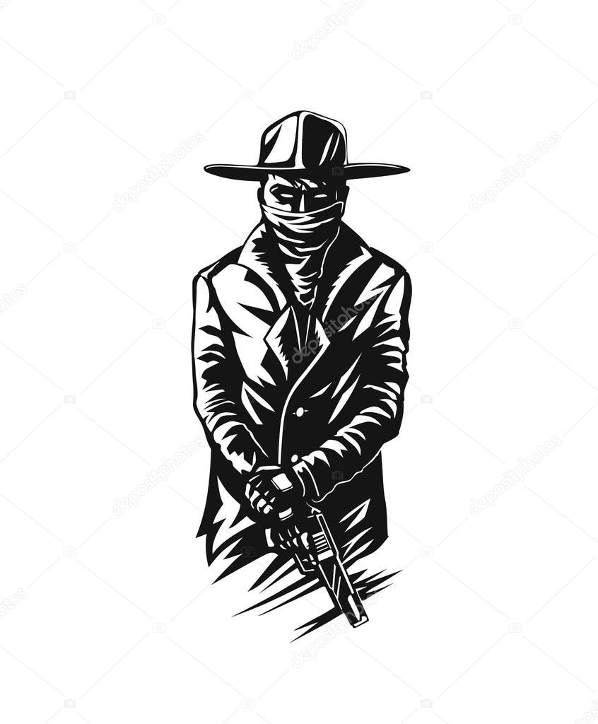 Silhouette of a gangster with a gun in hand - Vector Illustration. 